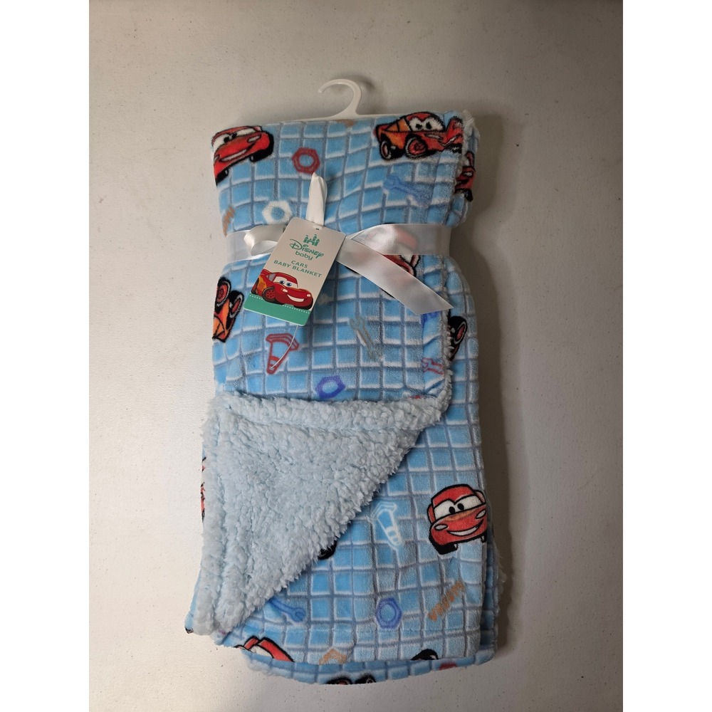 Disney Baby Cars Lightning McQueen Mater Sherpa Plush Blanket 30x40 Blue NEW